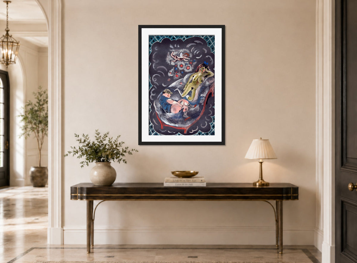 Jules Pascin Print, Two Figures and Cupid displayed above a console table