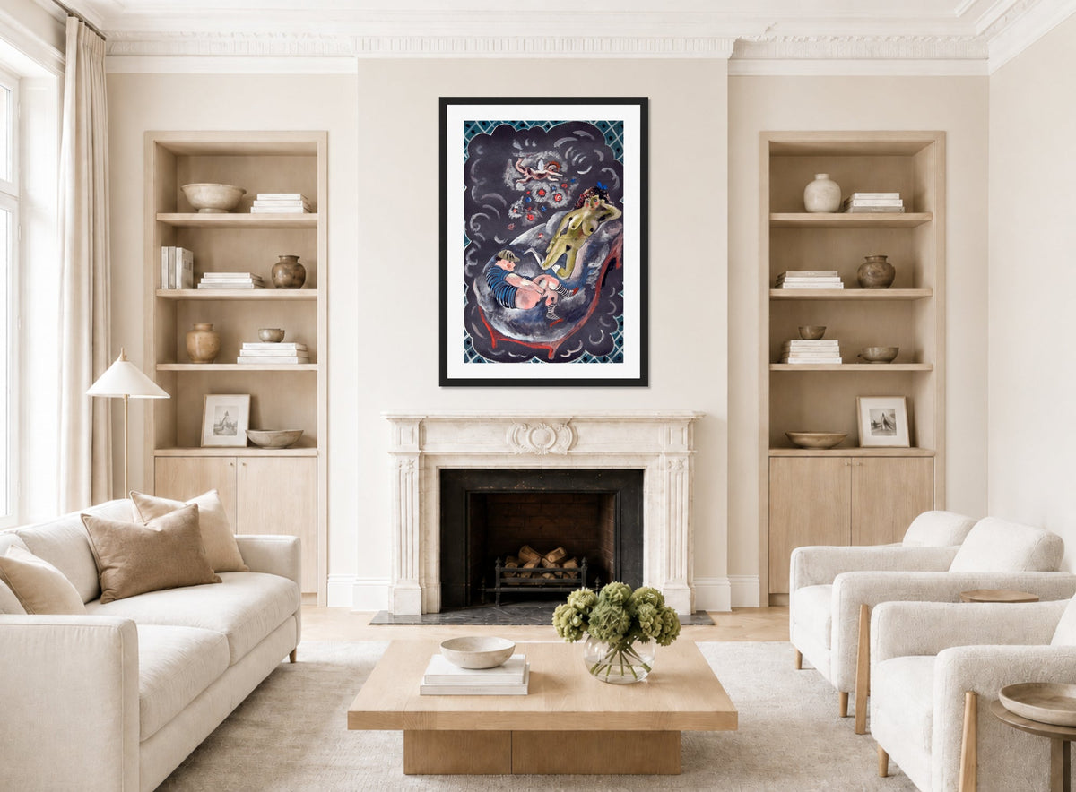 Jules Pascin Print, Two Figures and Cupid displayed in a Scandinavian living room