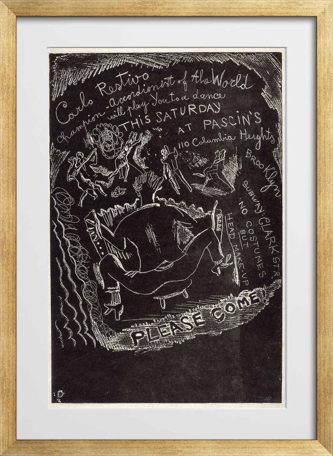 Jules Pascin Print, Untitled (Invitation to Party at Jules Pascin’s) (1918) in a gold frame