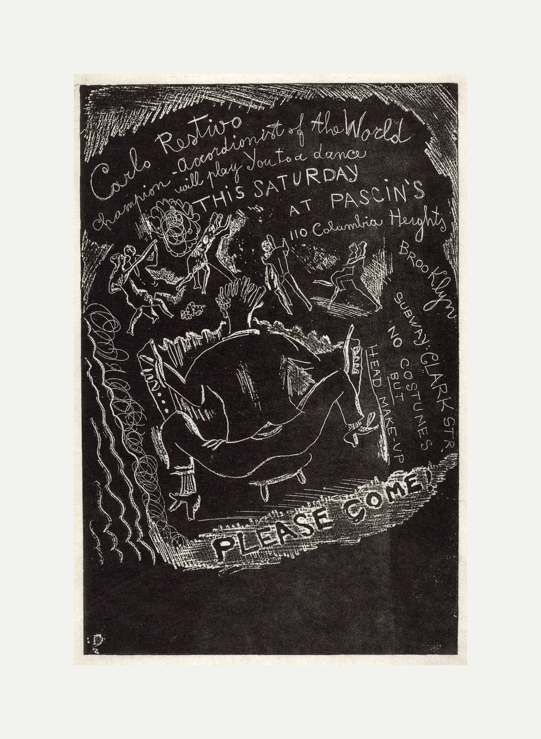 Jules Pascin Print, Untitled (Invitation to Party at Jules Pascin’s) (1918) with an off-white border for rolled canvas