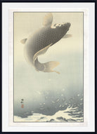 A framed Japanese-style art print depicting a large koi fish leaping through pale water, with a white mat and black frame around the artwork.