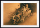 A framed art print featuring a detailed sepia-toned illustration of a dragon winding through clouds, presented in a black frame with a white mat border.
