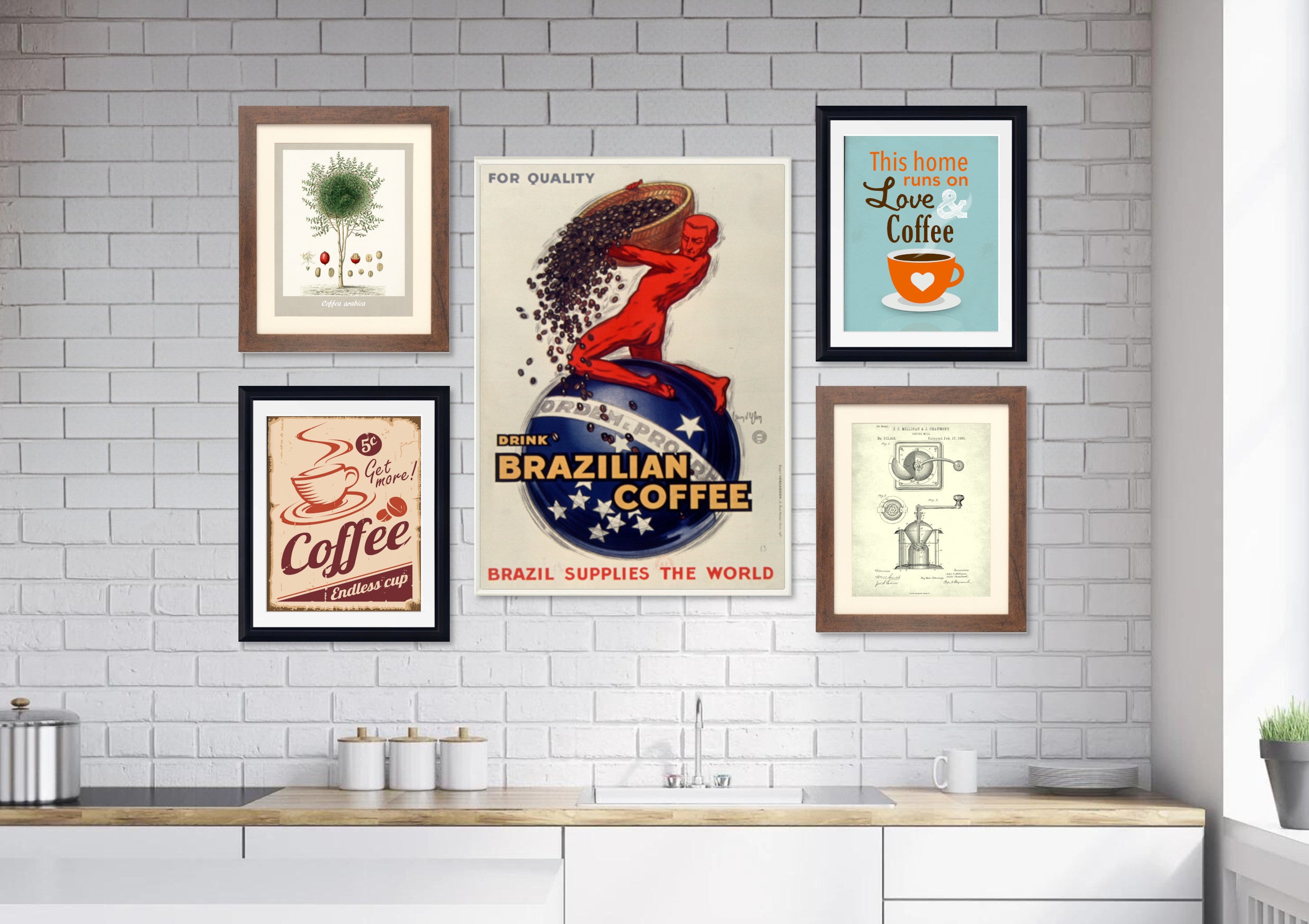 Kitchen Coffee Themed Art Gallery Wall Set of 5 Framed Prints