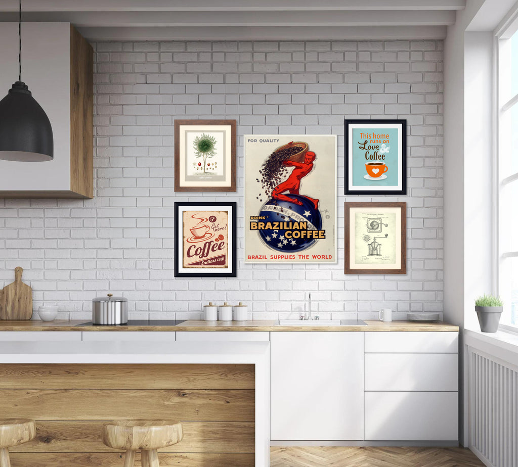 Kitchen Coffee Themed Art Gallery Wall Set of 5 Framed Prints