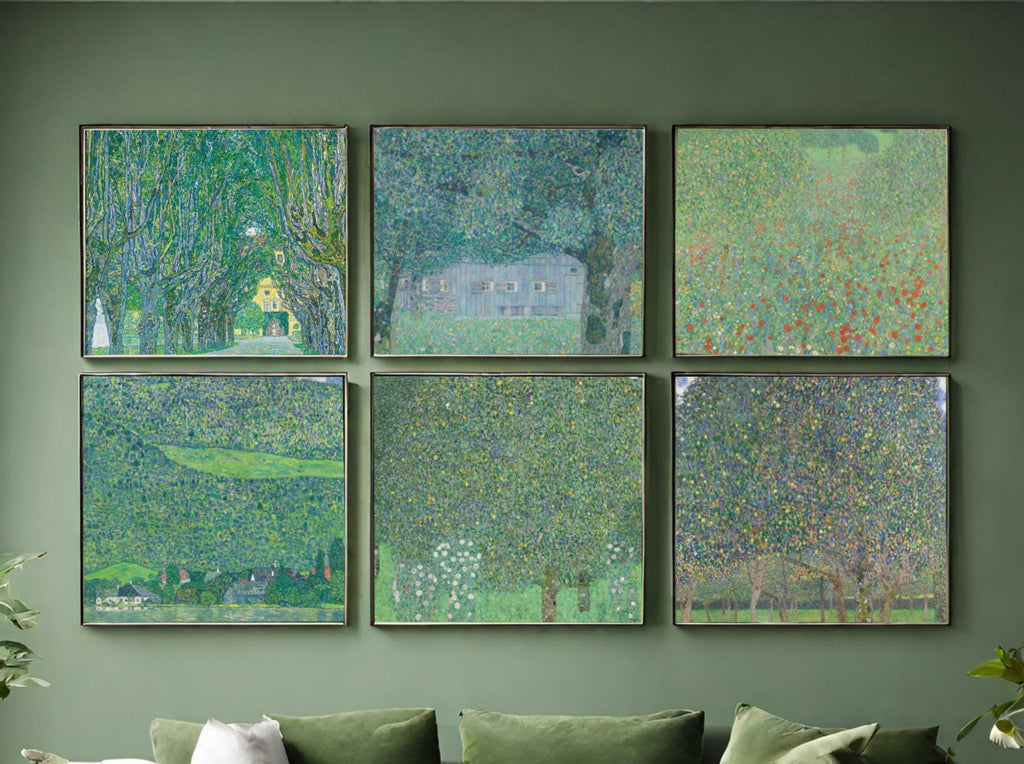 Green Living Room Wall Art, Set of 6 Gustav Klimt Prints