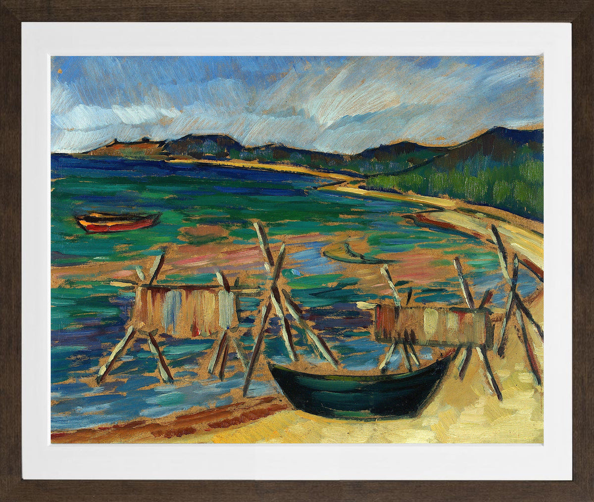 Sea Bay with Boats by Konrad Mägi — brown frame