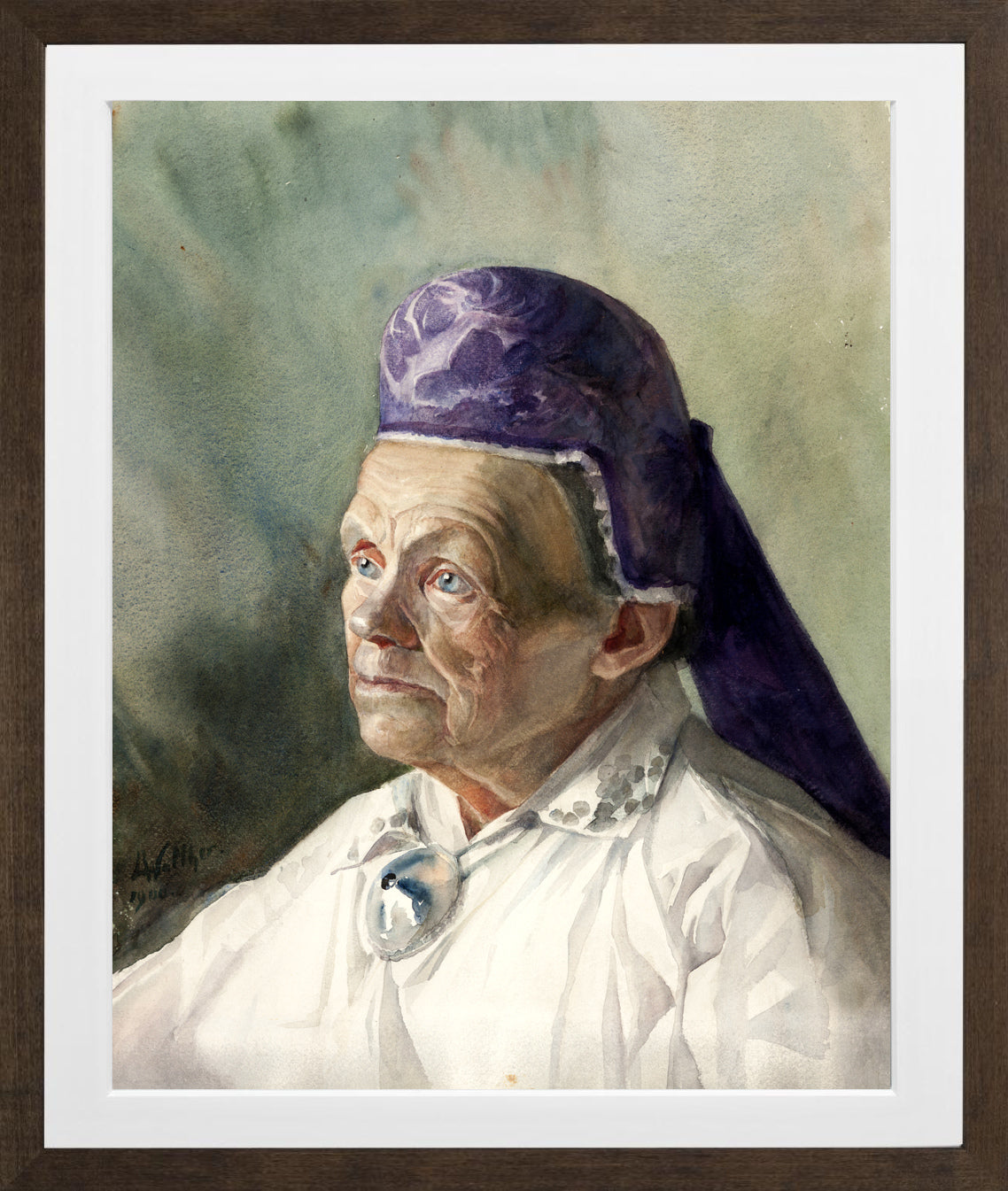 Portrait of a Woman in a Bonnet (1900) by Konrad Mägi — brown frame