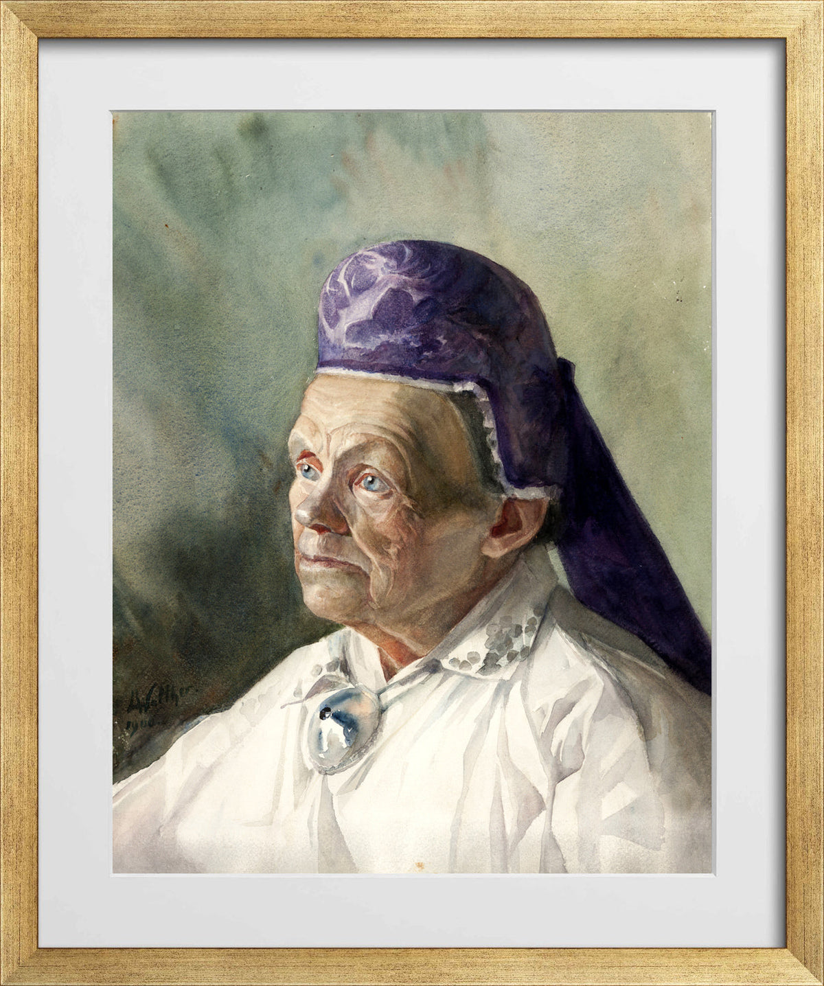Portrait of a Woman in a Bonnet (1900) by Konrad Mägi — gold frame