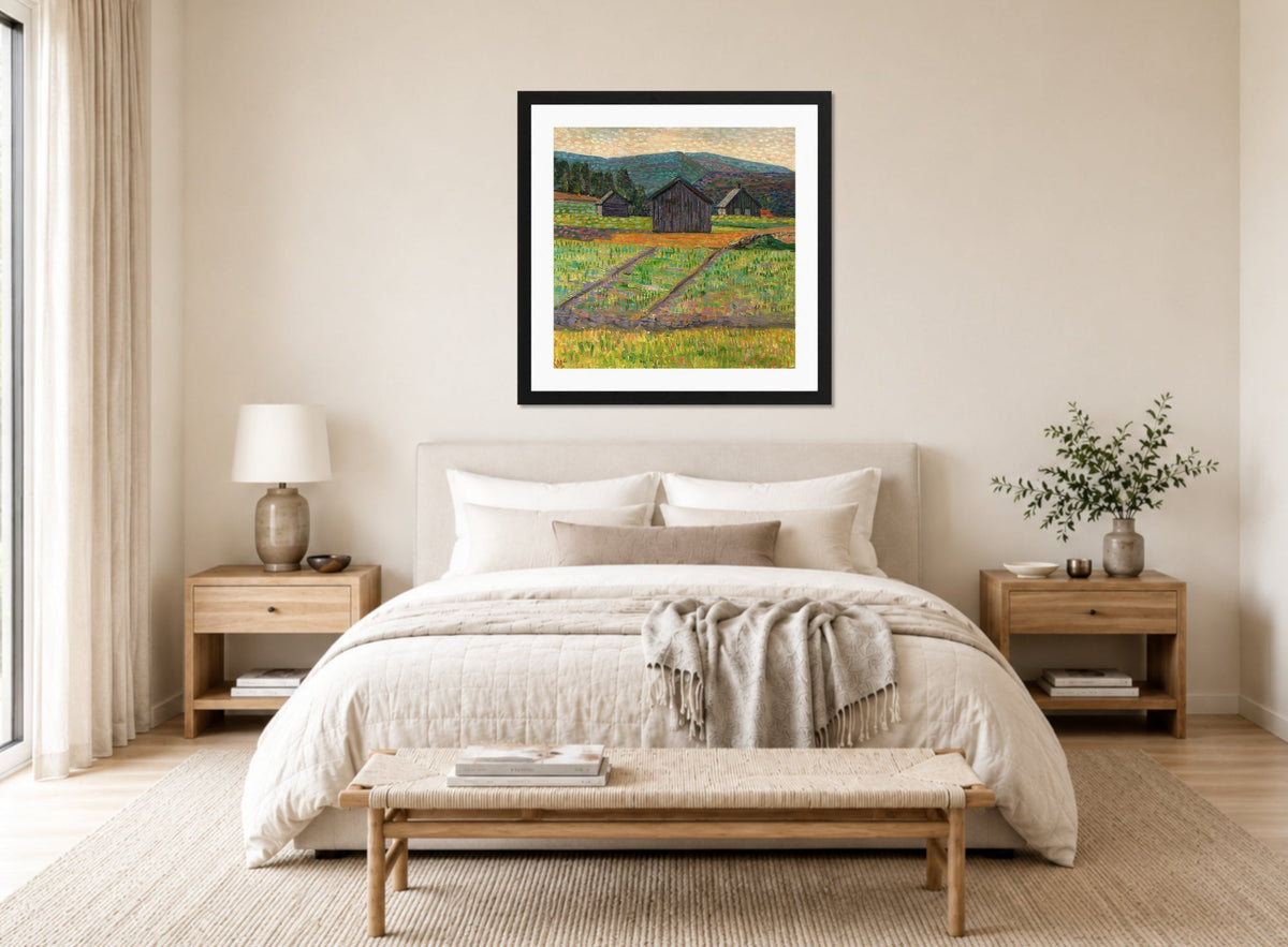 Norwegian Landscape — Wooden Buildings (1908–1910) by Konrad Mägi — bedroom