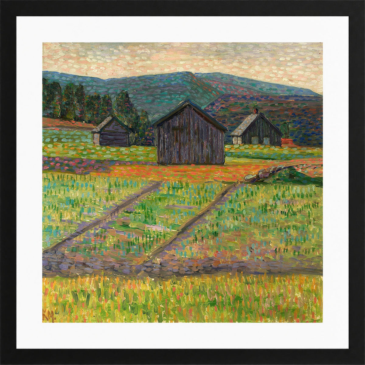 Norwegian Landscape — Wooden Buildings (1908–1910) by Konrad Mägi — black frame