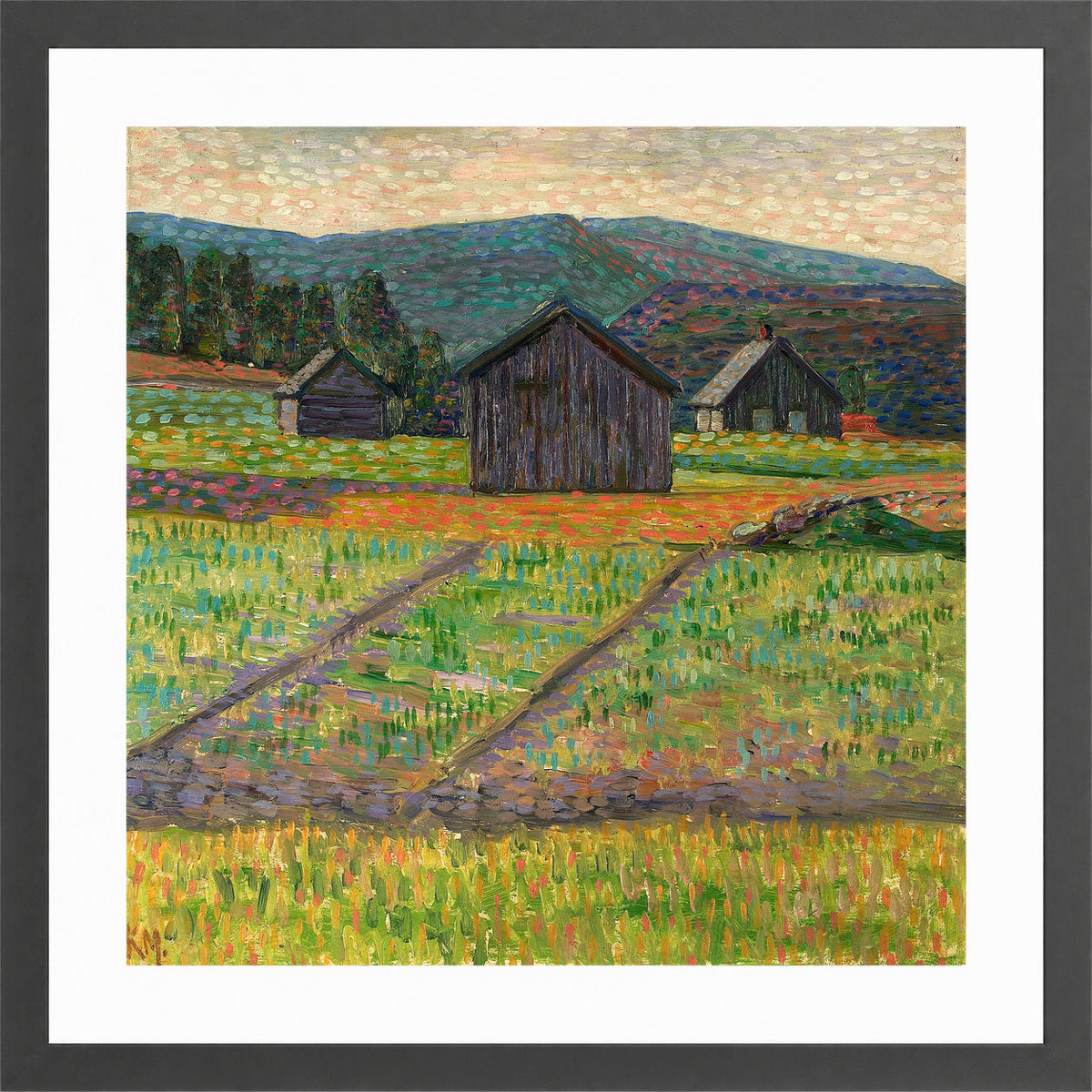 Norwegian Landscape — Wooden Buildings (1908–1910) by Konrad Mägi — dark grey frame