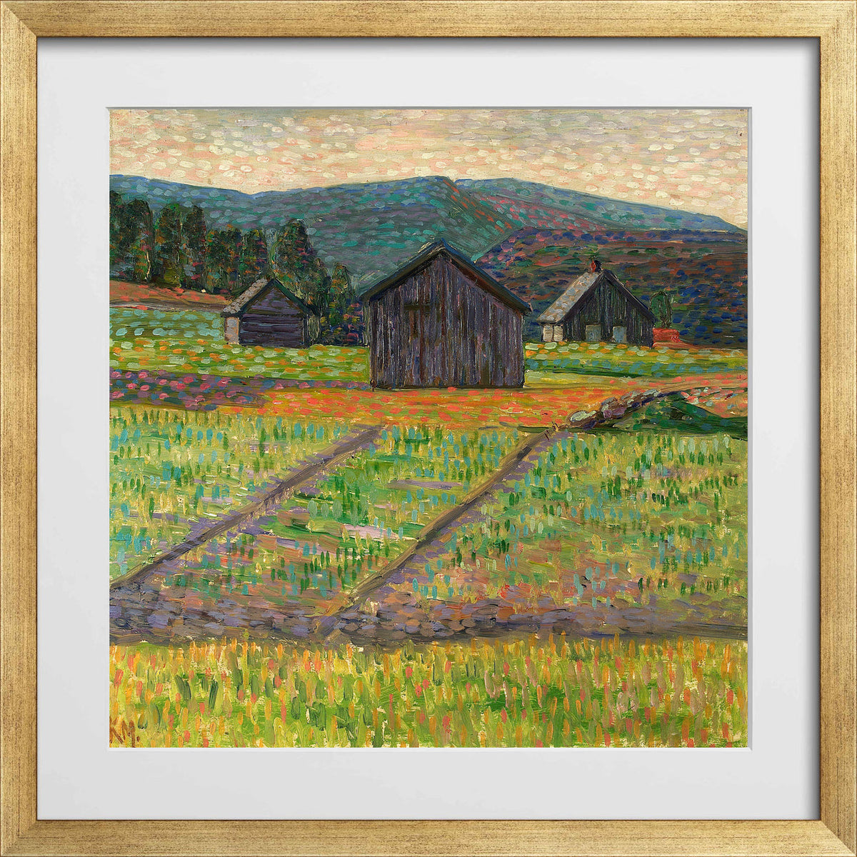 Norwegian Landscape — Wooden Buildings (1908–1910) by Konrad Mägi — gold frame
