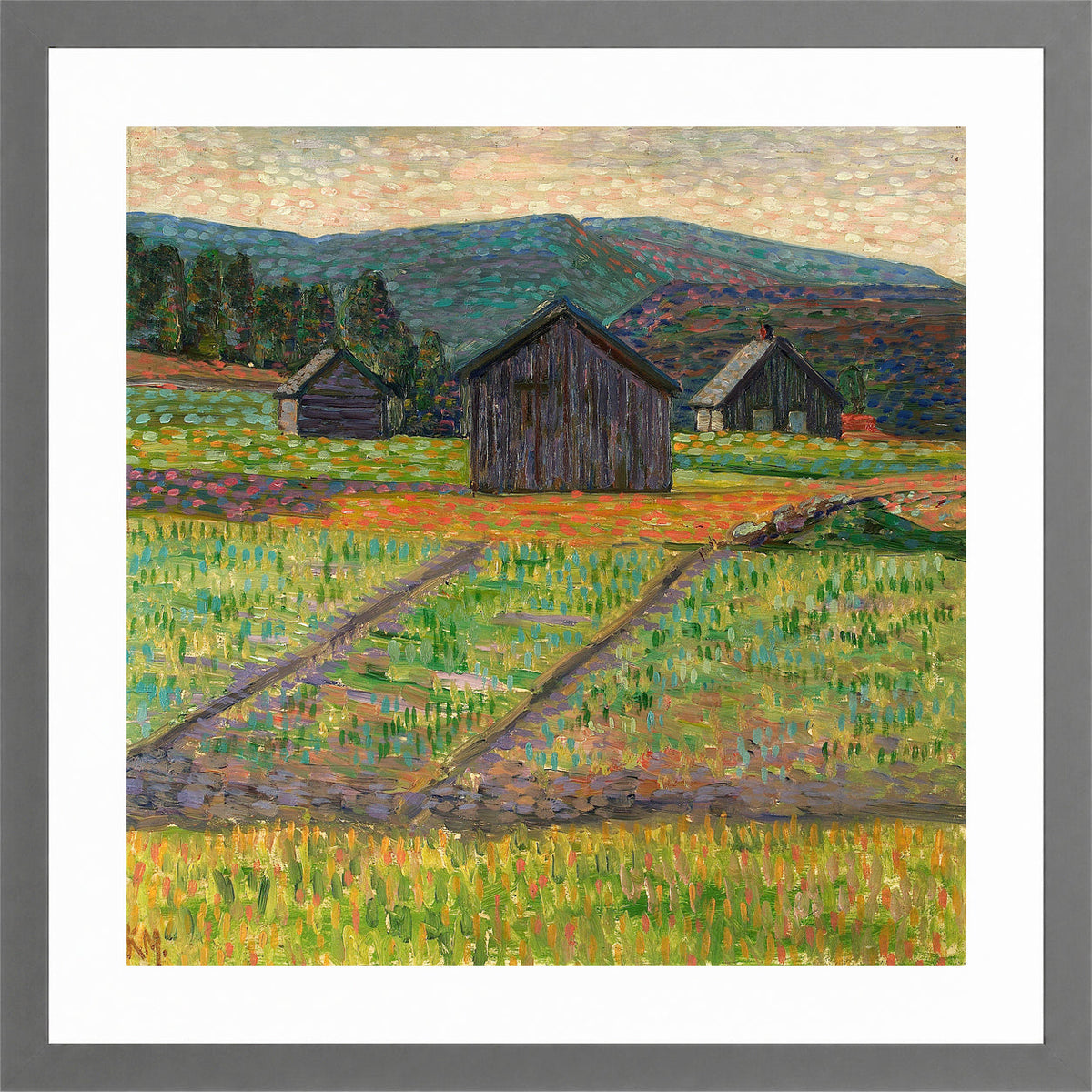 Norwegian Landscape — Wooden Buildings (1908–1910) by Konrad Mägi — light grey frame