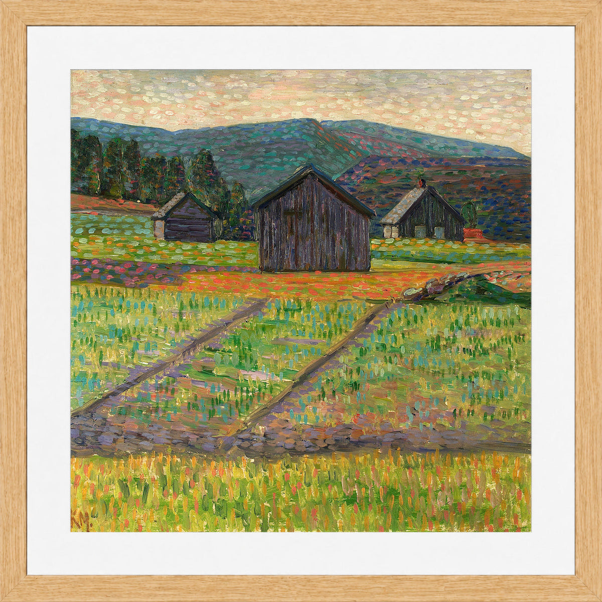 Norwegian Landscape — Wooden Buildings (1908–1910) by Konrad Mägi — oak frame