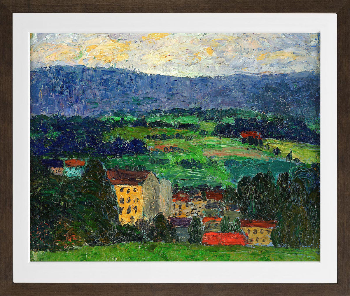 Norwegian Landscape — Village (1908–1910) by Konrad Mägi — brown frame