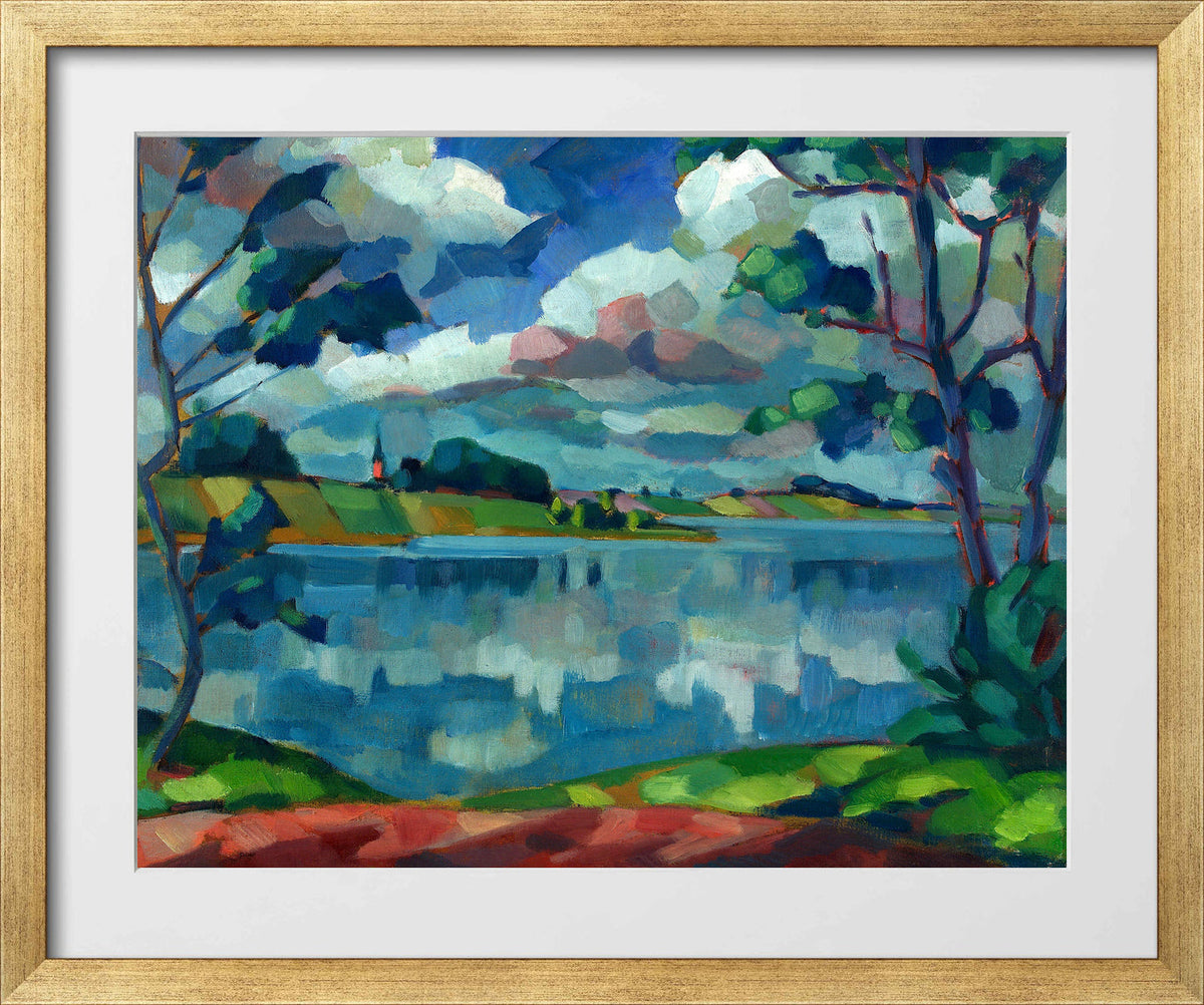 Lake Saadjärv — Äksi Church (1923–1924) by Konrad Mägi — gold frame