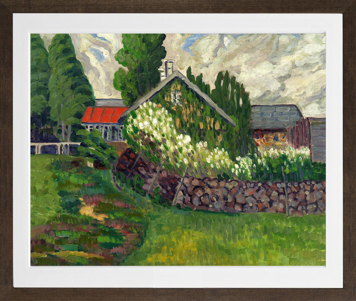 Farm Landscape (1908–1910) by Konrad Mägi — brown frame