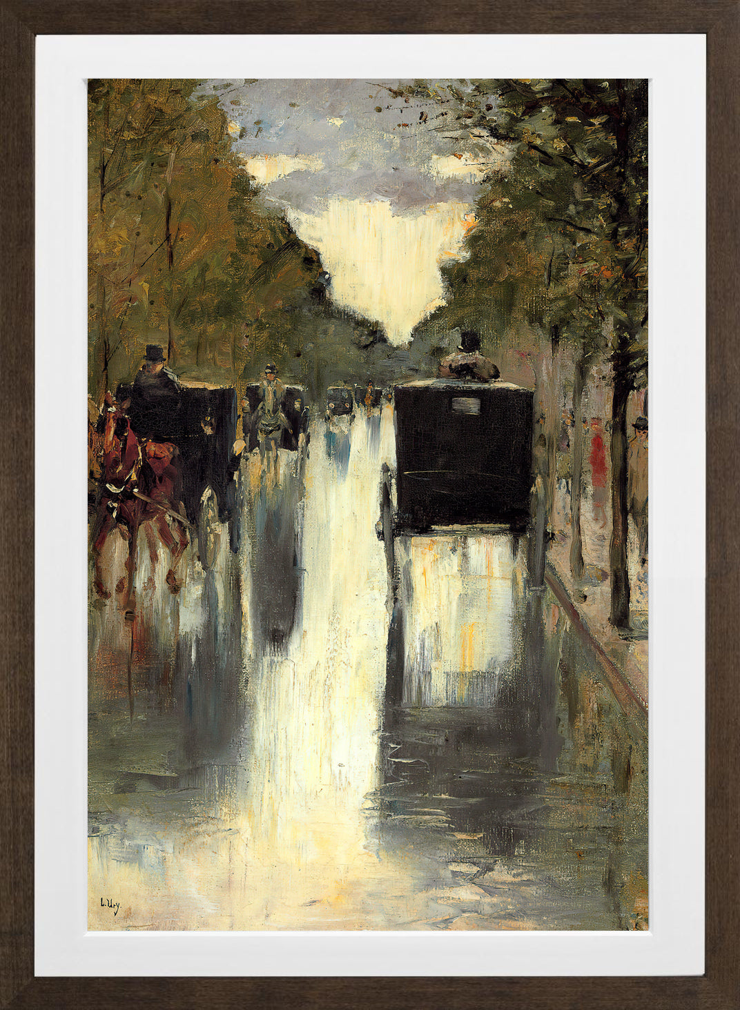 Berlin Street Scene with Horse-Drawn Cabs by Lesser Ury — brown frame