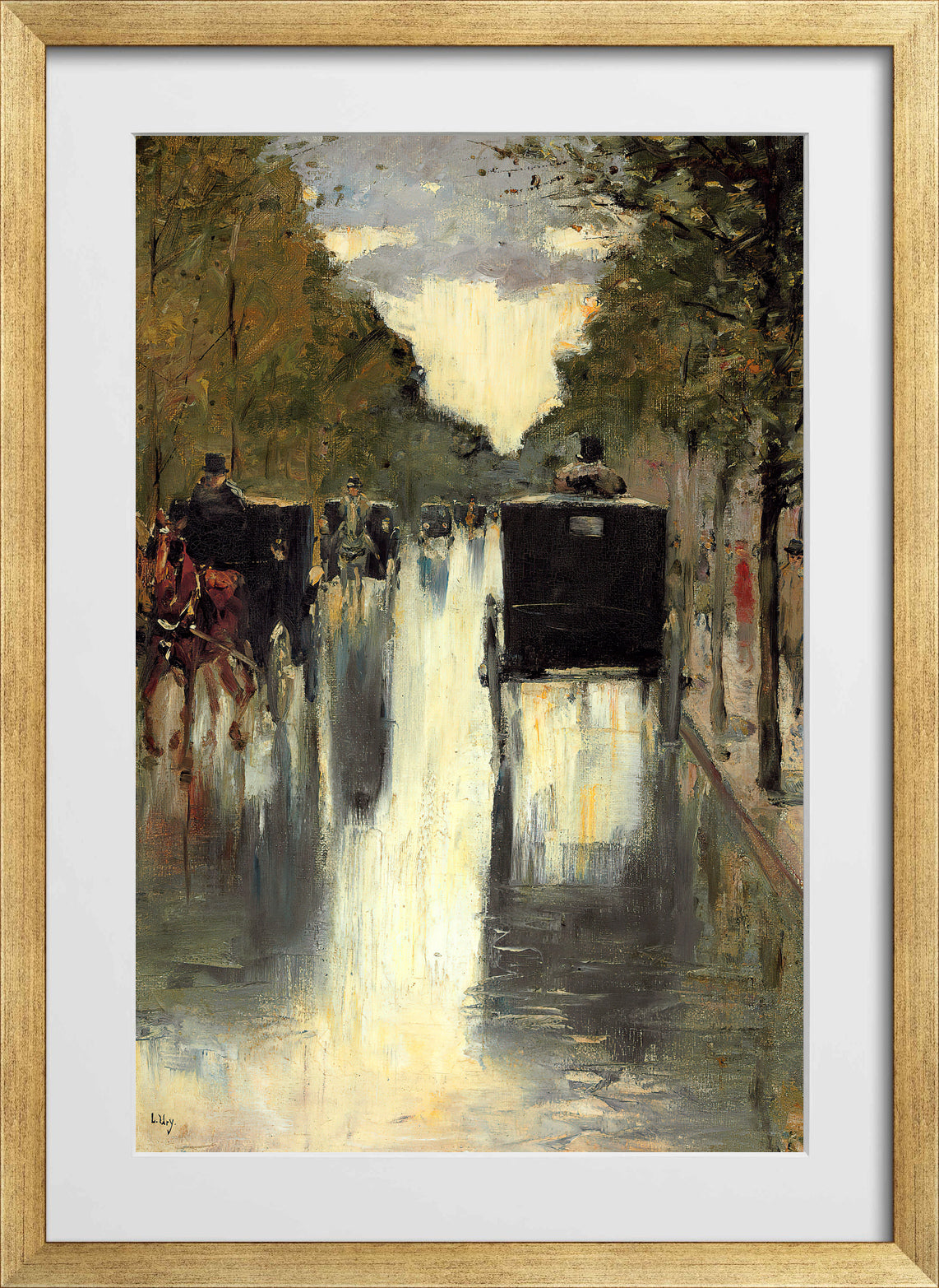 Berlin Street Scene with Horse-Drawn Cabs by Lesser Ury — gold frame