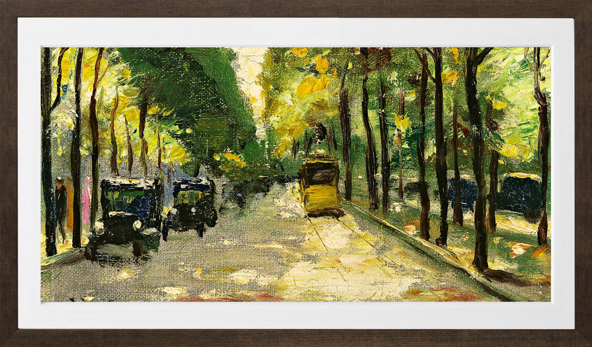Berlin Street in Sunshine (1920s) by Lesser Ury — brown frame