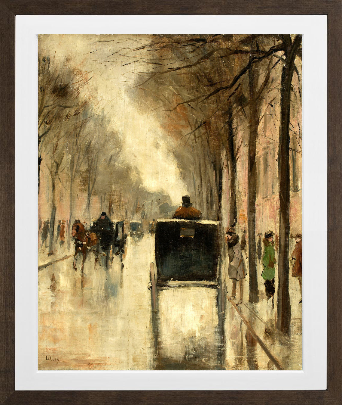 Berlin Street Scene in Late Autumn (c. 1920–1925) by Lesser Ury — brown frame