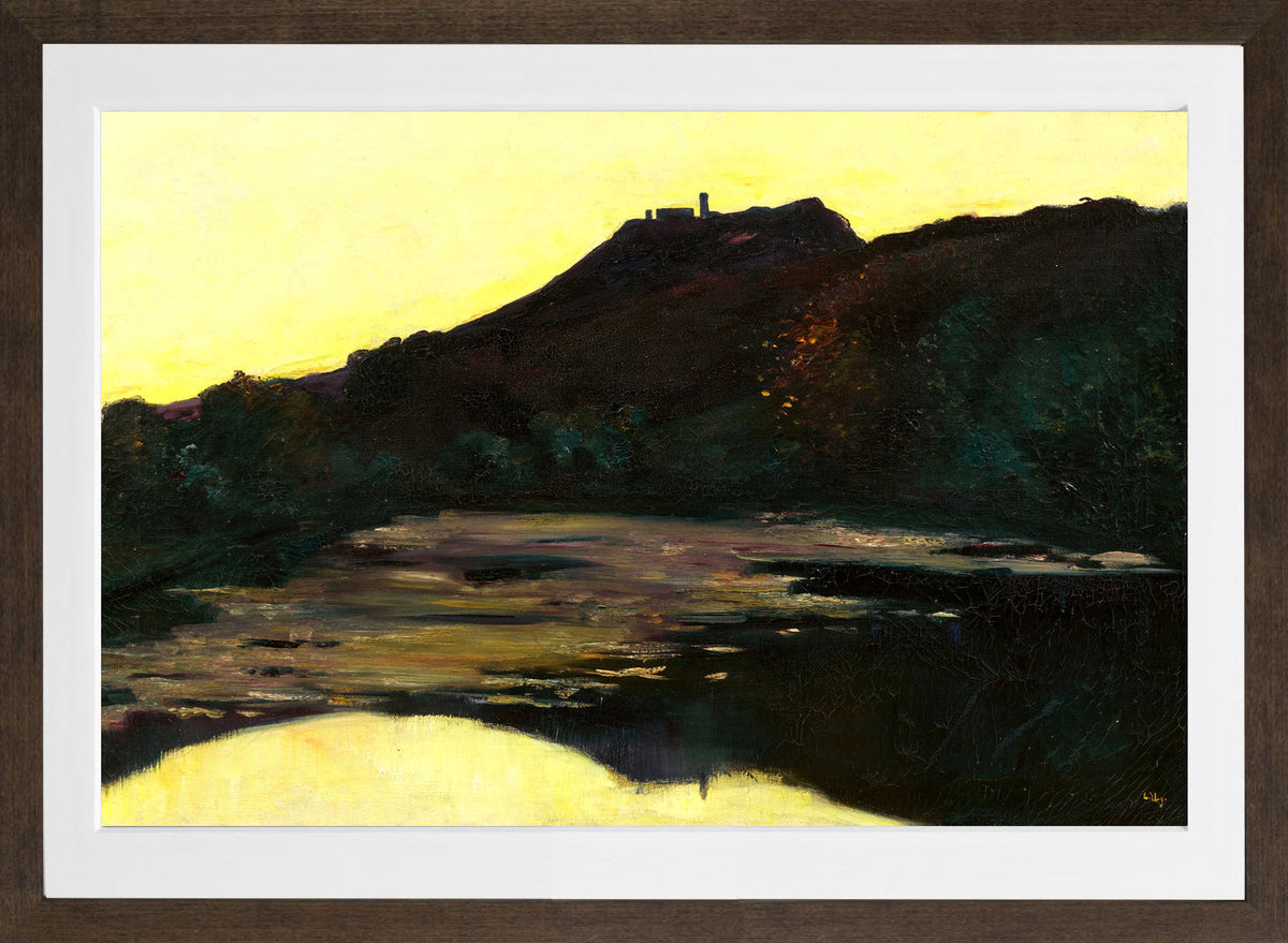 Castle by the River, Saaleck at Evening (1904) by Lesser Ury — brown frame