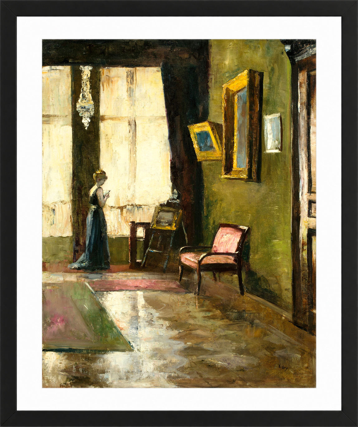Woman by a Window and Easel (1910) by Lesser Ury — black frame