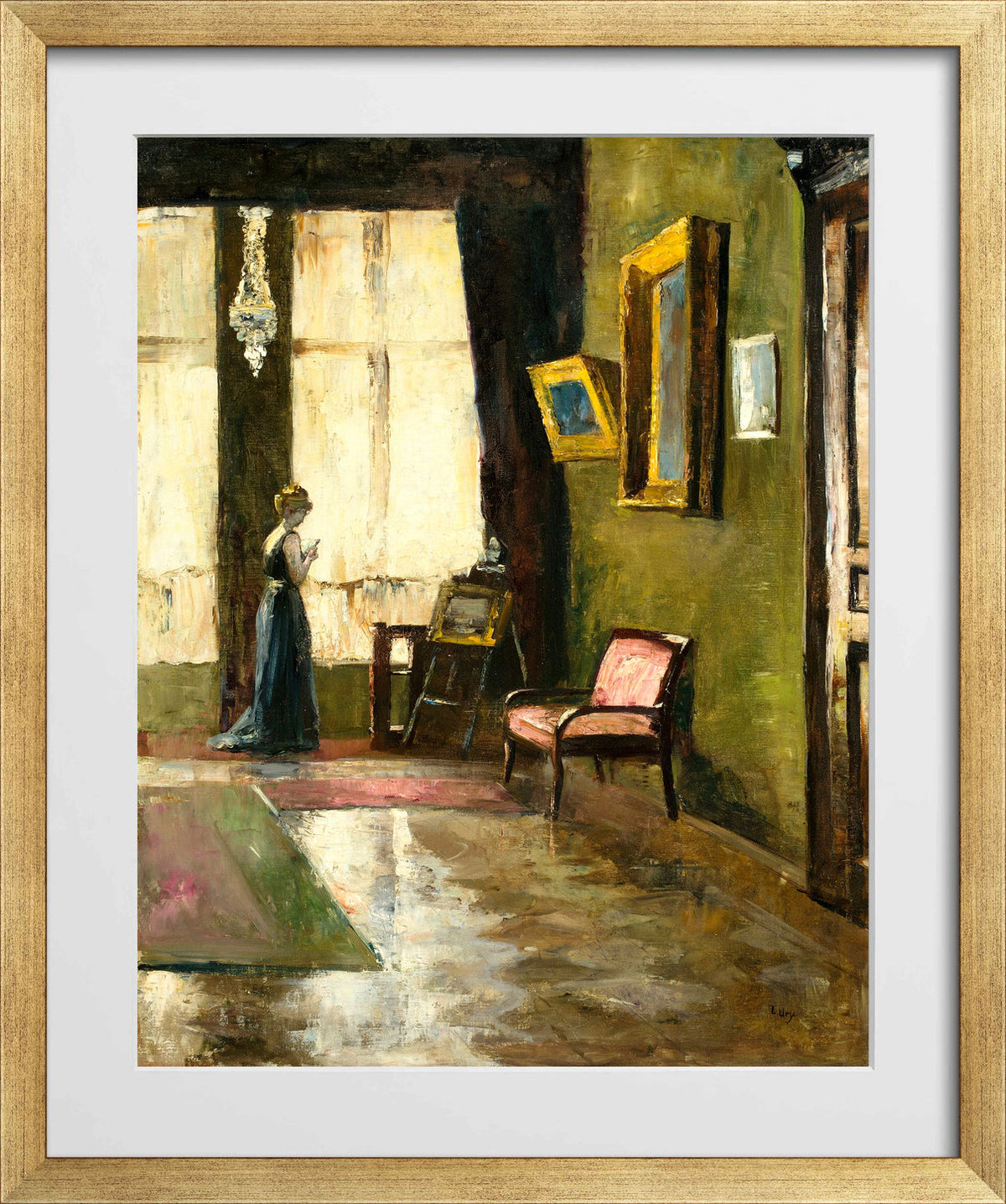 Woman by a Window and Easel (1910) by Lesser Ury — gold frame