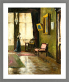 Woman by a Window and Easel (1910) by Lesser Ury — light grey frame