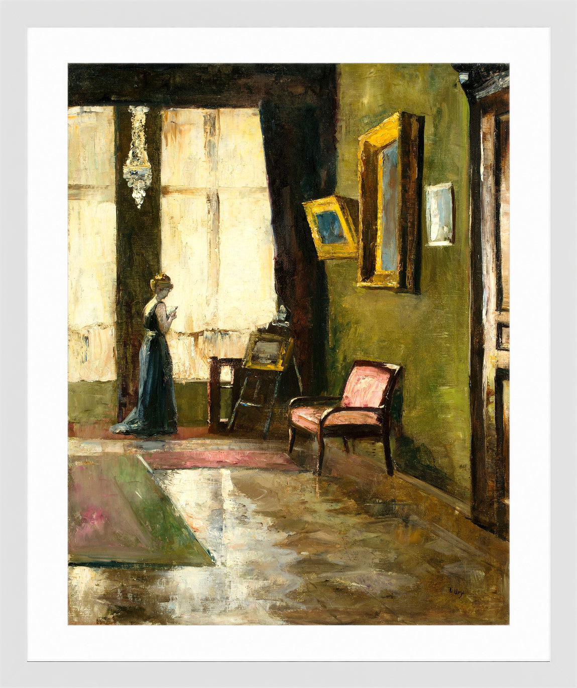 Woman by a Window and Easel (1910) by Lesser Ury — white frame