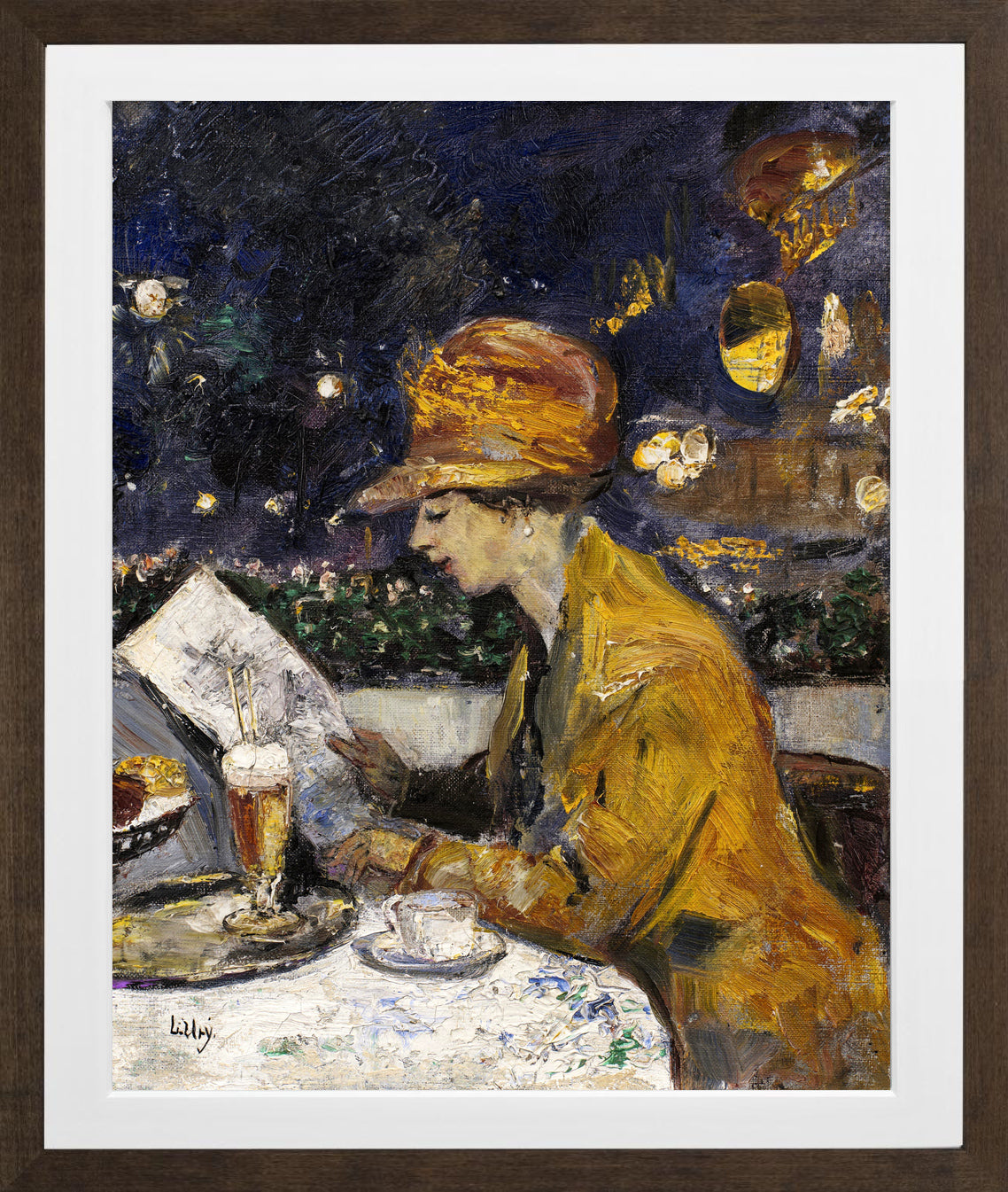 Lady in a Yellow Dress at Café Bauer (1910) by Lesser Ury — brown frame
