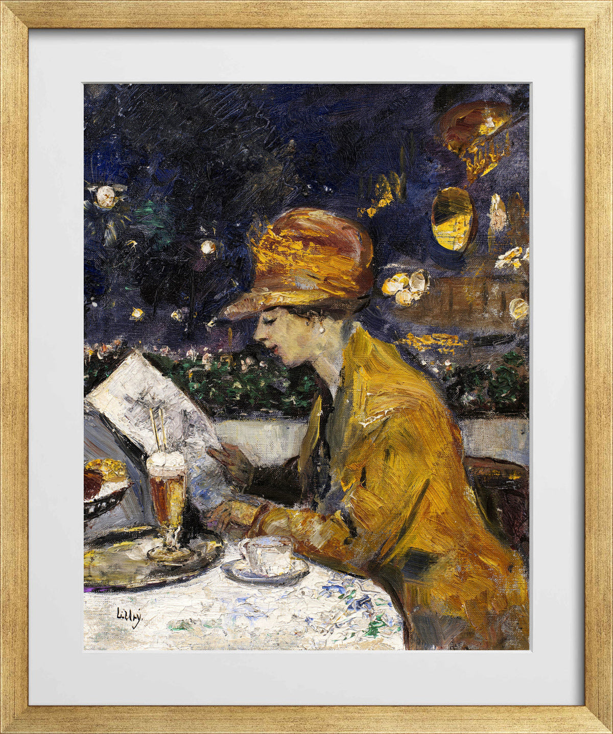 Lady in a Yellow Dress at Café Bauer (1910) by Lesser Ury — gold frame