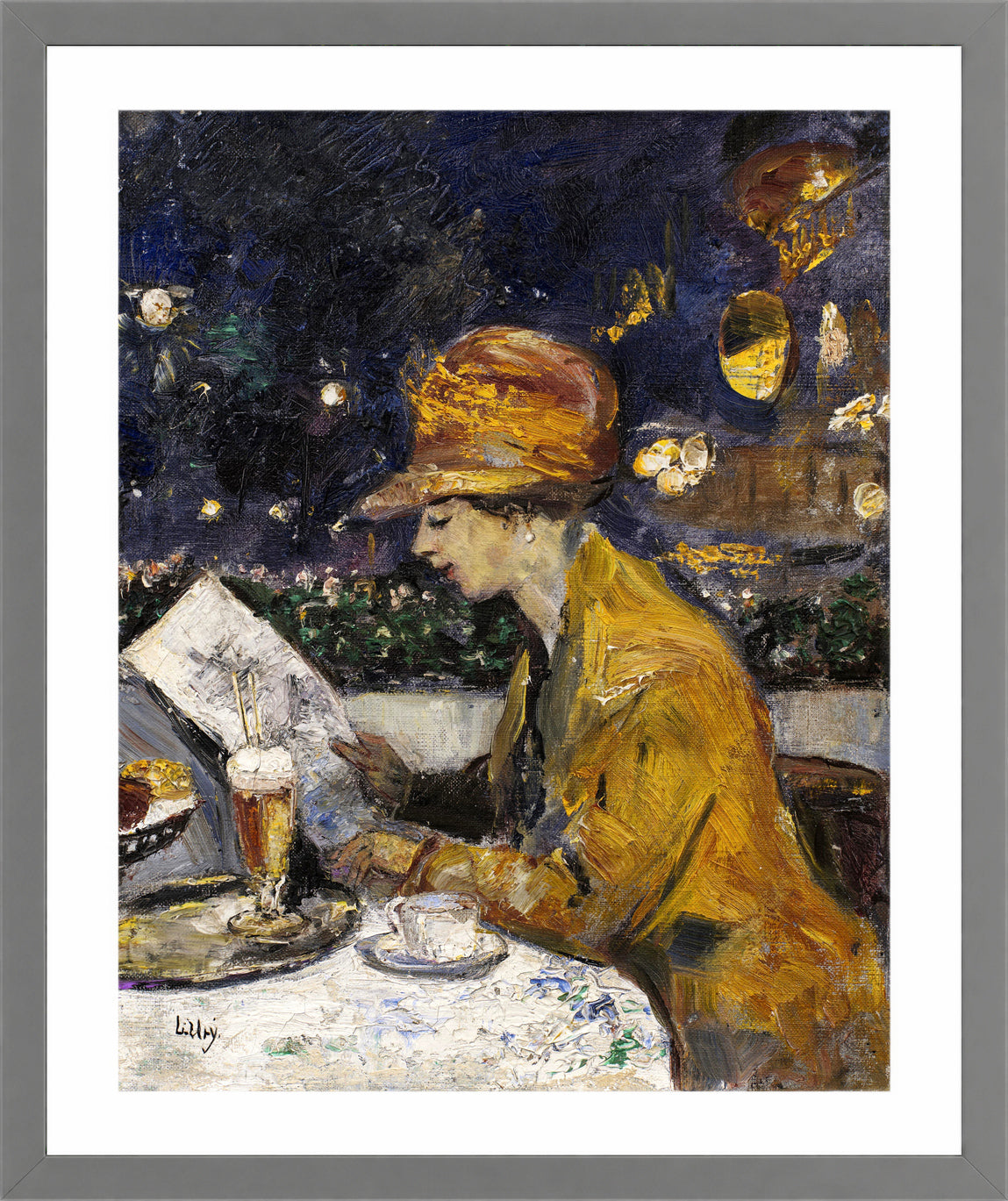 Lady in a Yellow Dress at Café Bauer (1910) by Lesser Ury — light grey frame