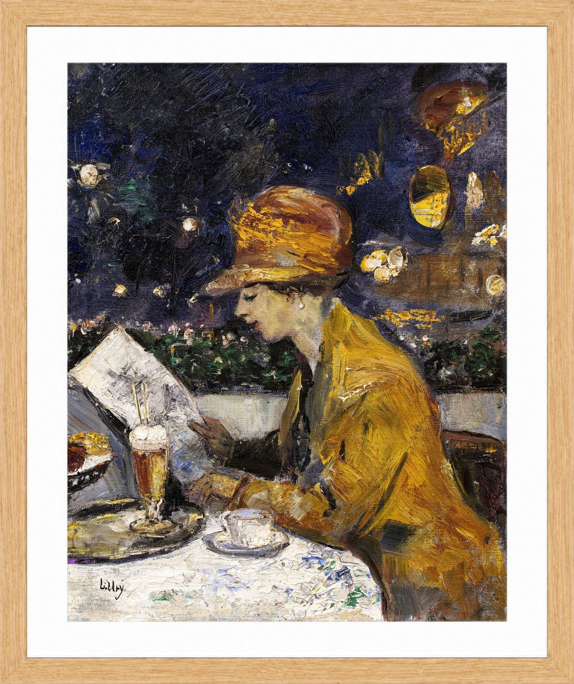 Lady in a Yellow Dress at Café Bauer (1910) by Lesser Ury — oak frame