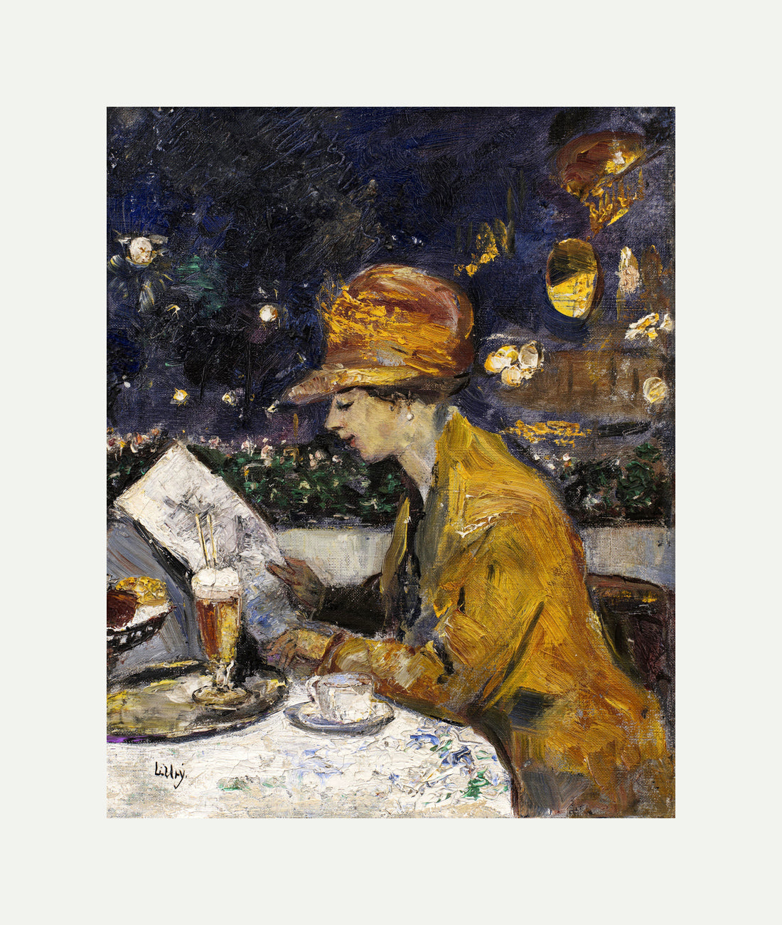 Lady in a Yellow Dress at Café Bauer (1910) by Lesser Ury — rolled canvas