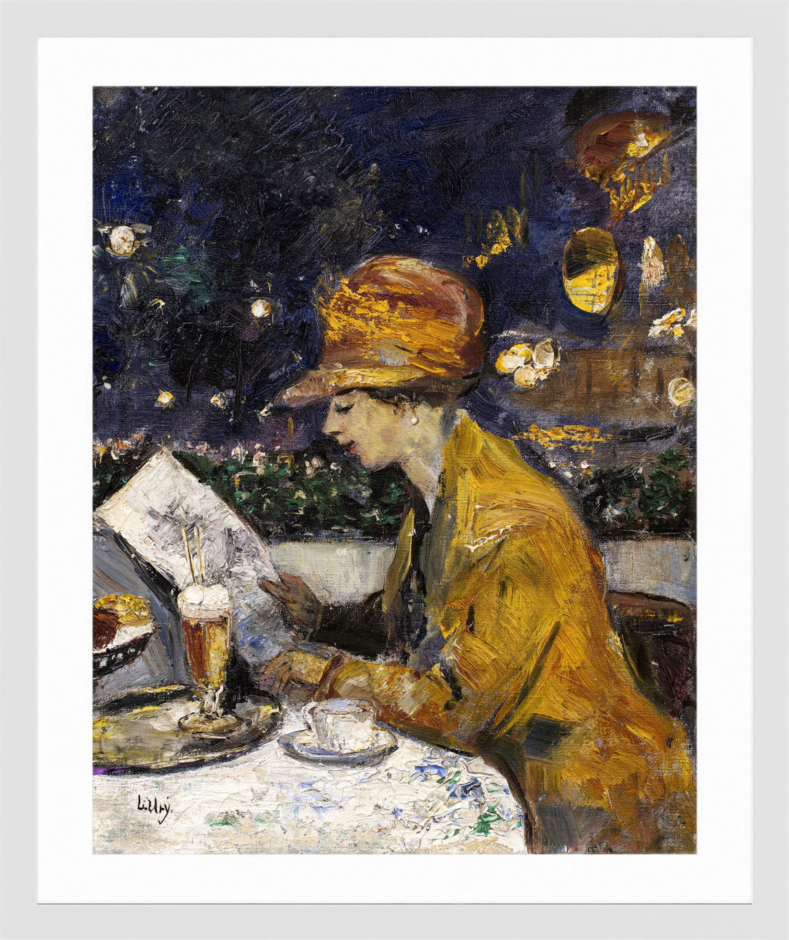 Lady in a Yellow Dress at Café Bauer (1910) by Lesser Ury — white frame