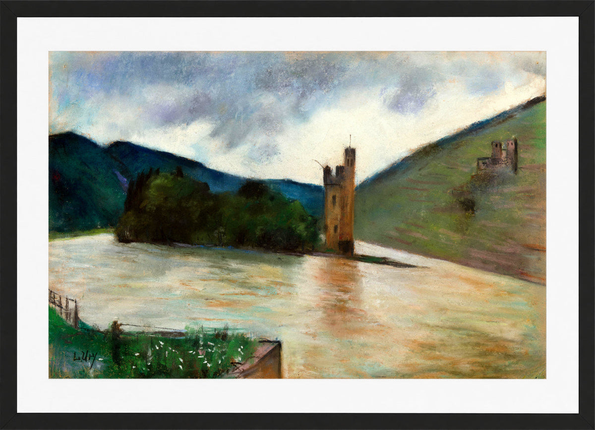The Mouse Tower near Bingen and Ehrenfels Castle (1924) by Lesser Ury — black frame