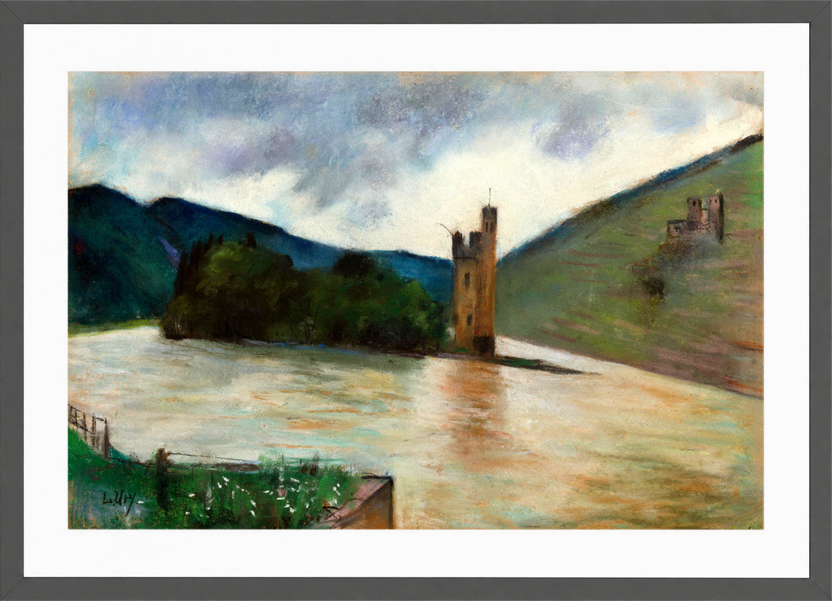 The Mouse Tower near Bingen and Ehrenfels Castle (1924) by Lesser Ury — dark grey frame