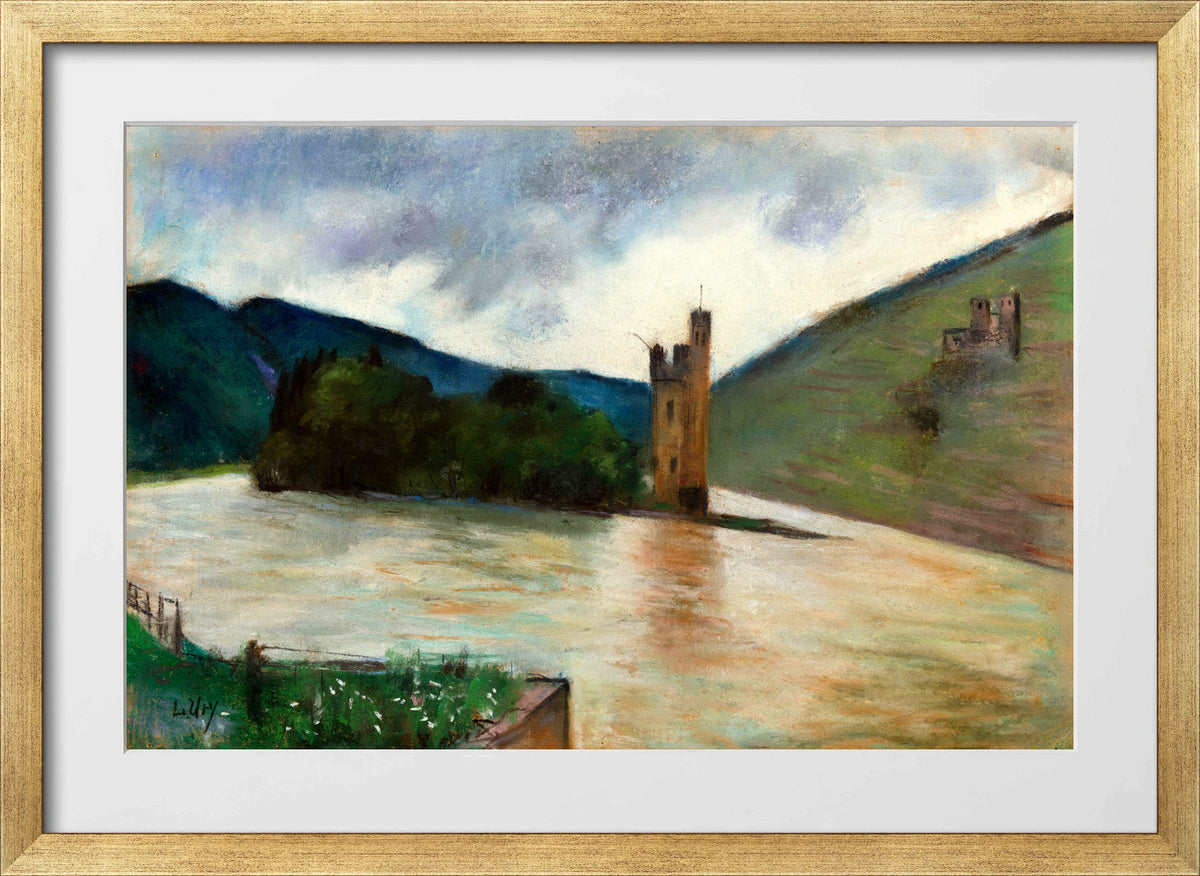 The Mouse Tower near Bingen and Ehrenfels Castle (1924) by Lesser Ury — gold frame