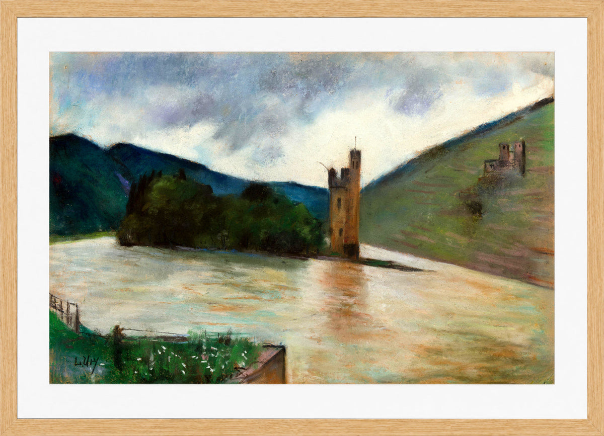 The Mouse Tower near Bingen and Ehrenfels Castle (1924) by Lesser Ury — oak frame