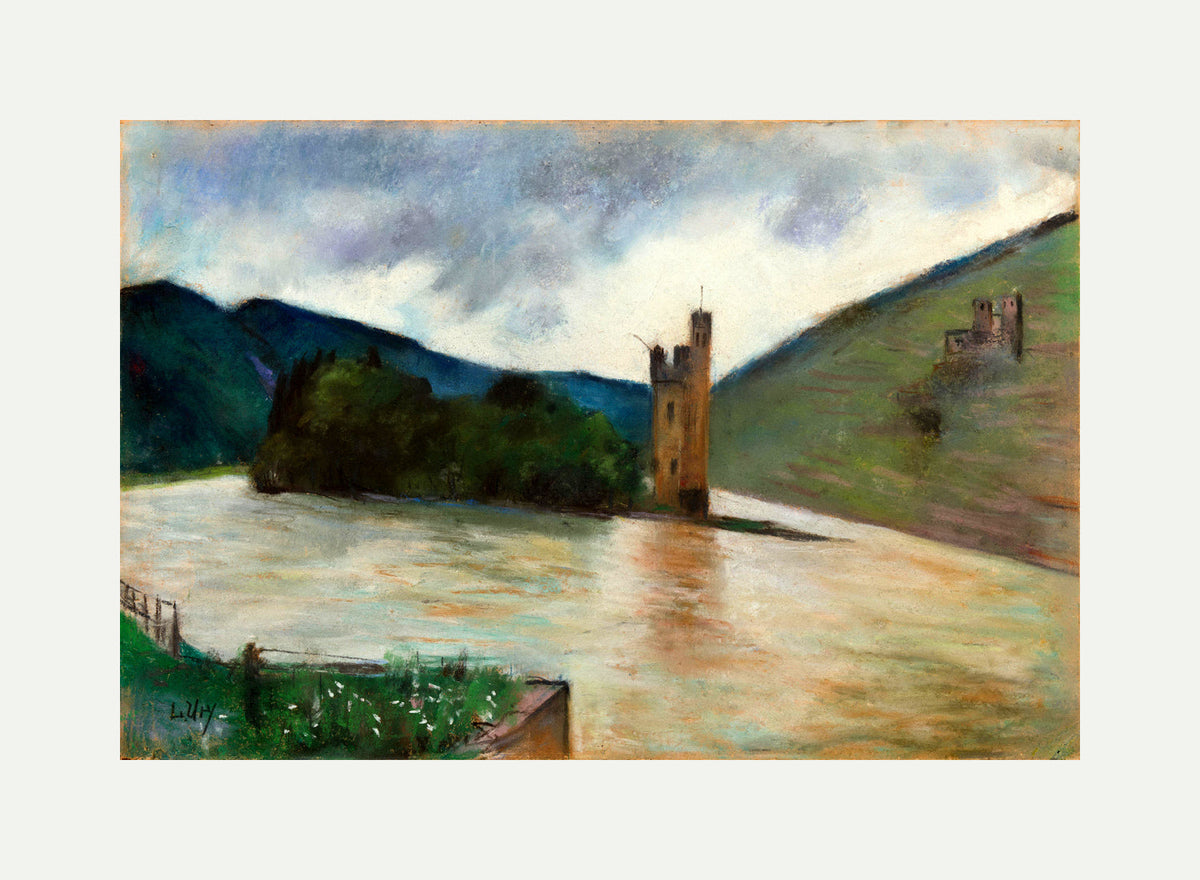 The Mouse Tower near Bingen and Ehrenfels Castle (1924) by Lesser Ury — rolled canvas