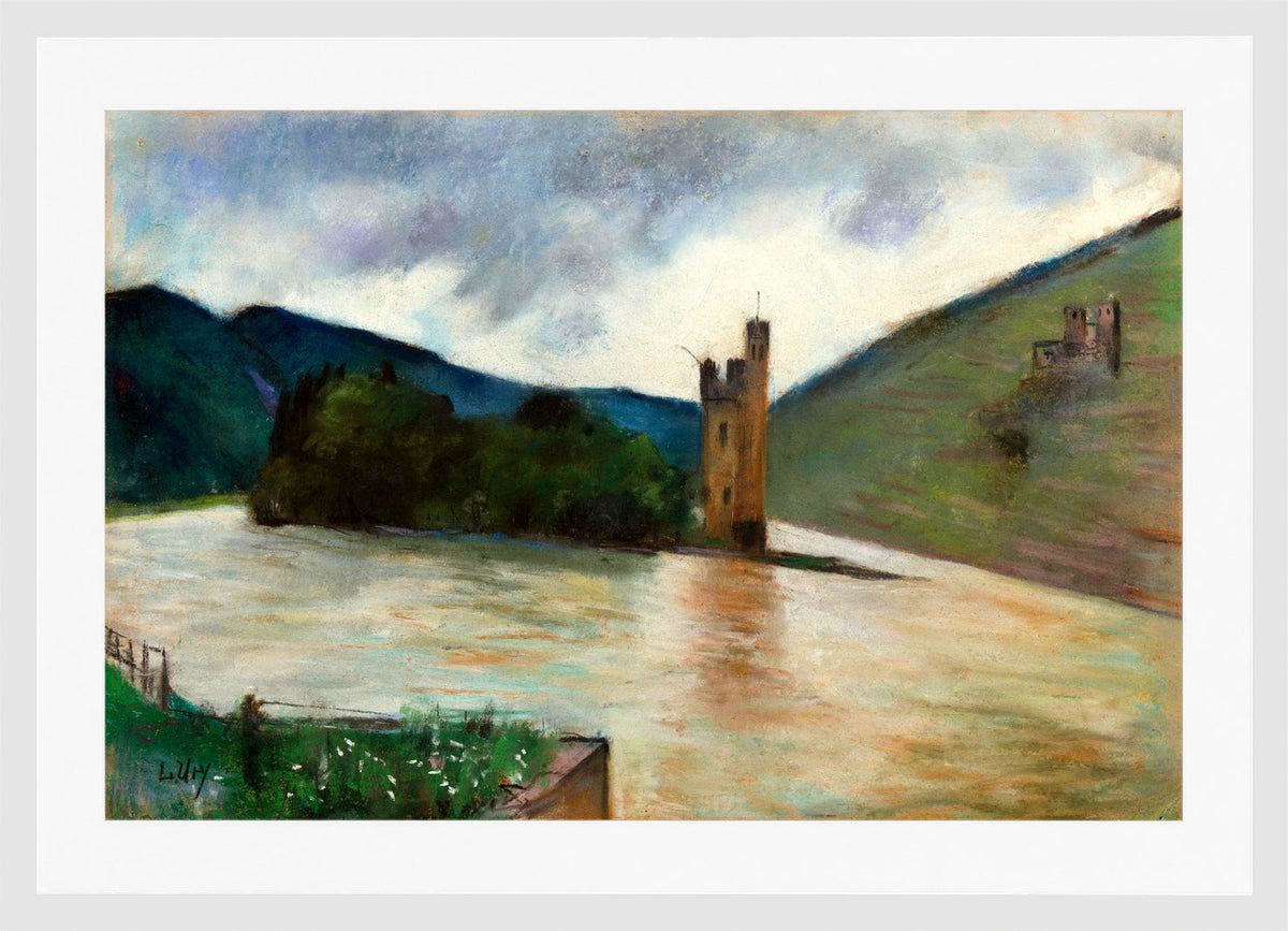 The Mouse Tower near Bingen and Ehrenfels Castle (1924) by Lesser Ury — white frame