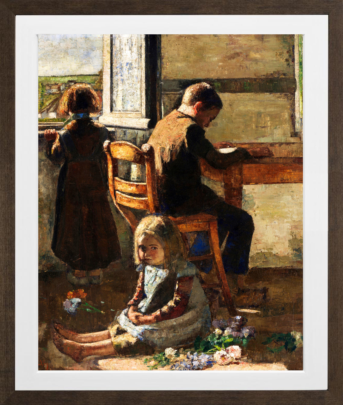 The Siblings, Interior with Children (1883) by Lesser Ury — brown frame