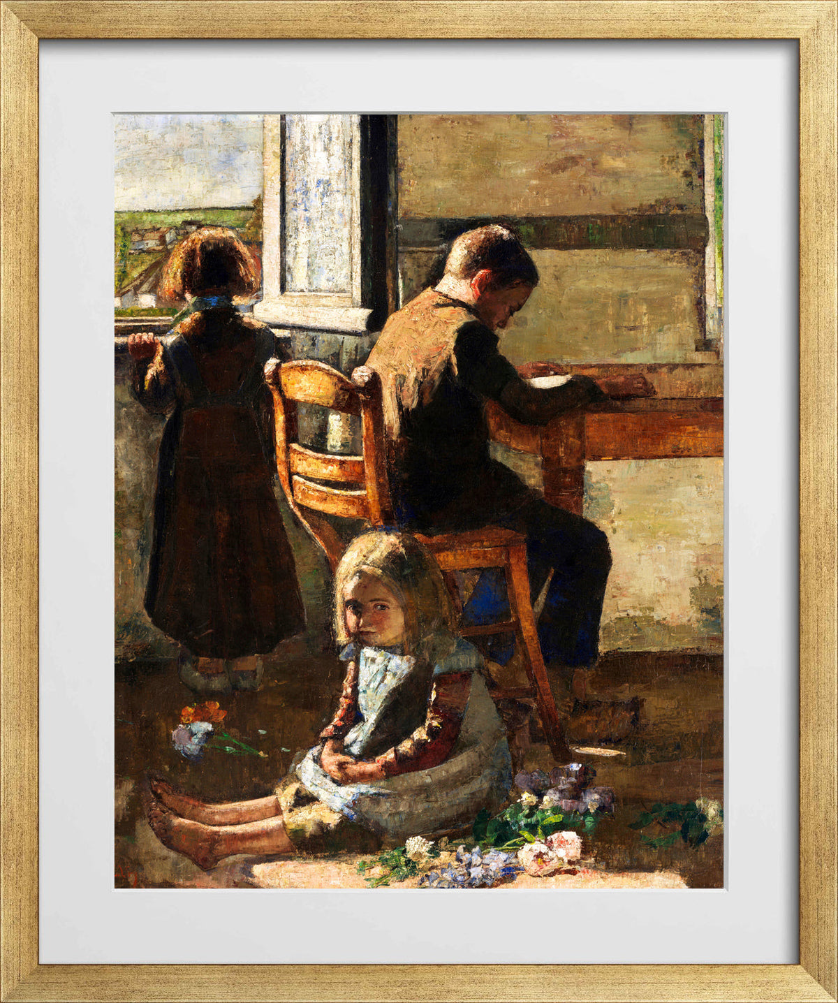 The Siblings, Interior with Children (1883) by Lesser Ury — gold frame