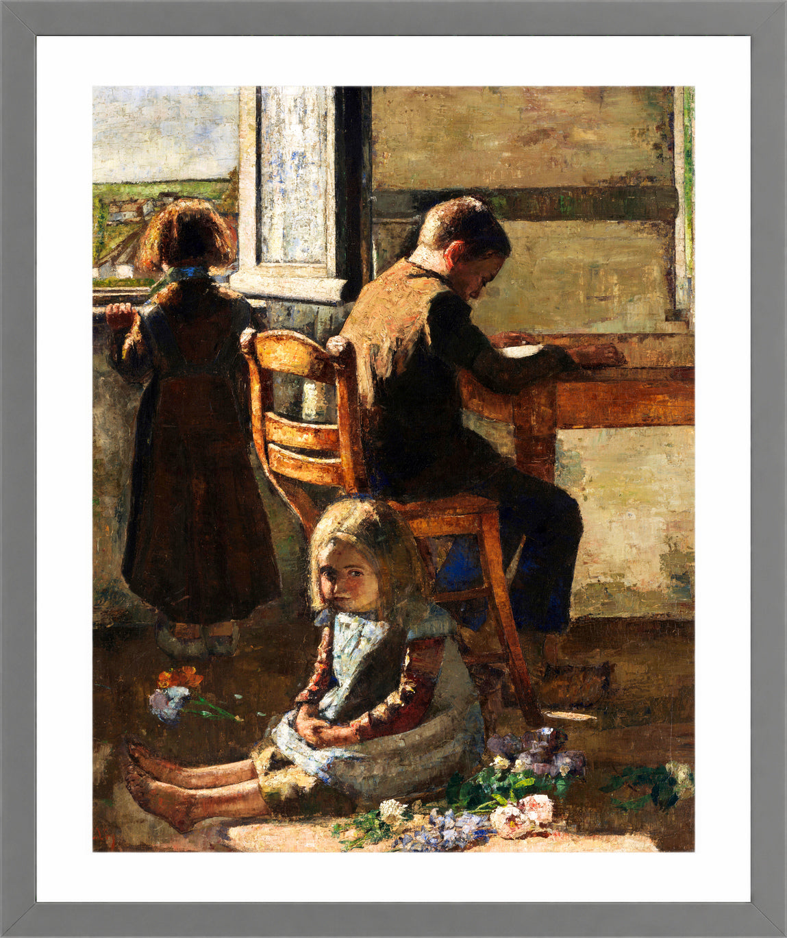 The Siblings, Interior with Children (1883) by Lesser Ury — light grey frame