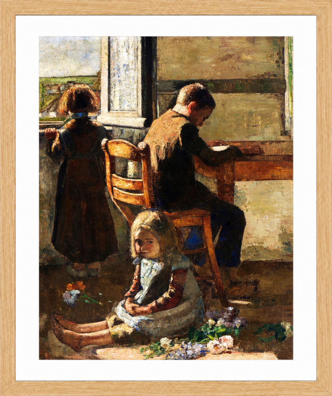The Siblings, Interior with Children (1883) by Lesser Ury — oak frame