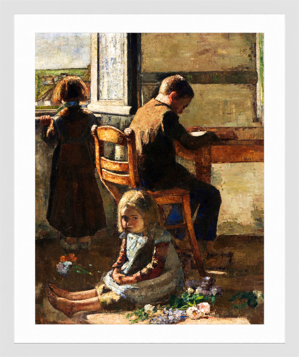 The Siblings, Interior with Children (1883) by Lesser Ury — white frame