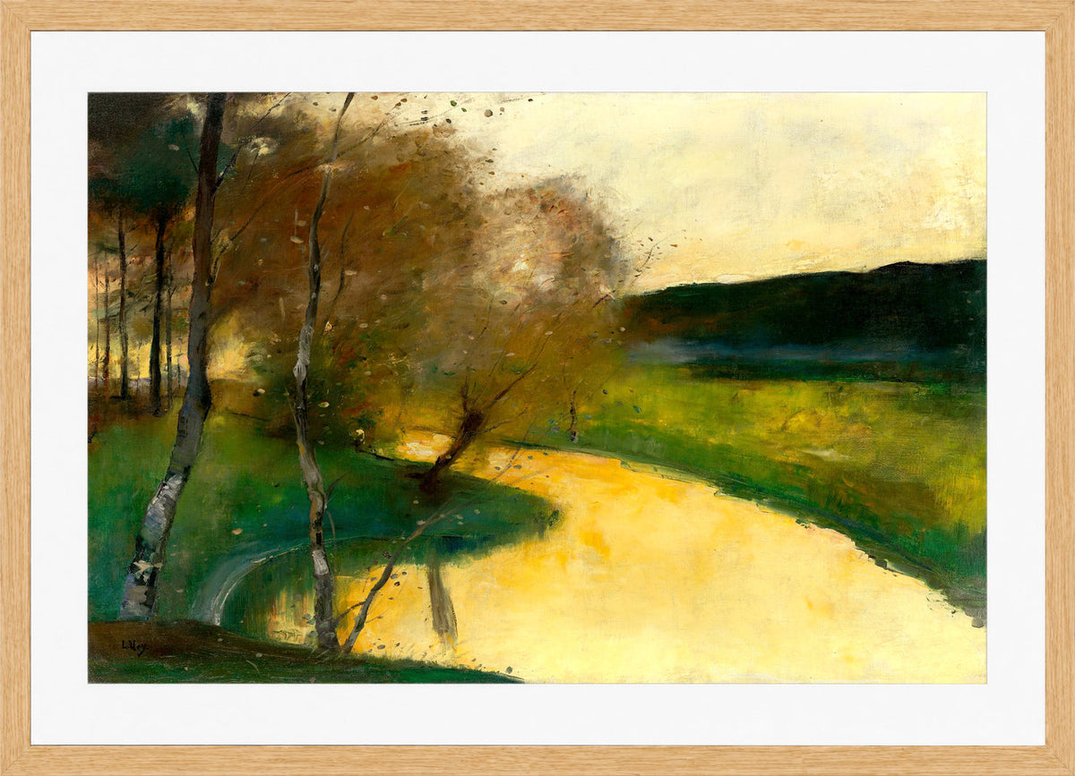 Autumn Stream in Evening Light, Thuringia (c. 1900–1910) by Lesser Ury — oak frame