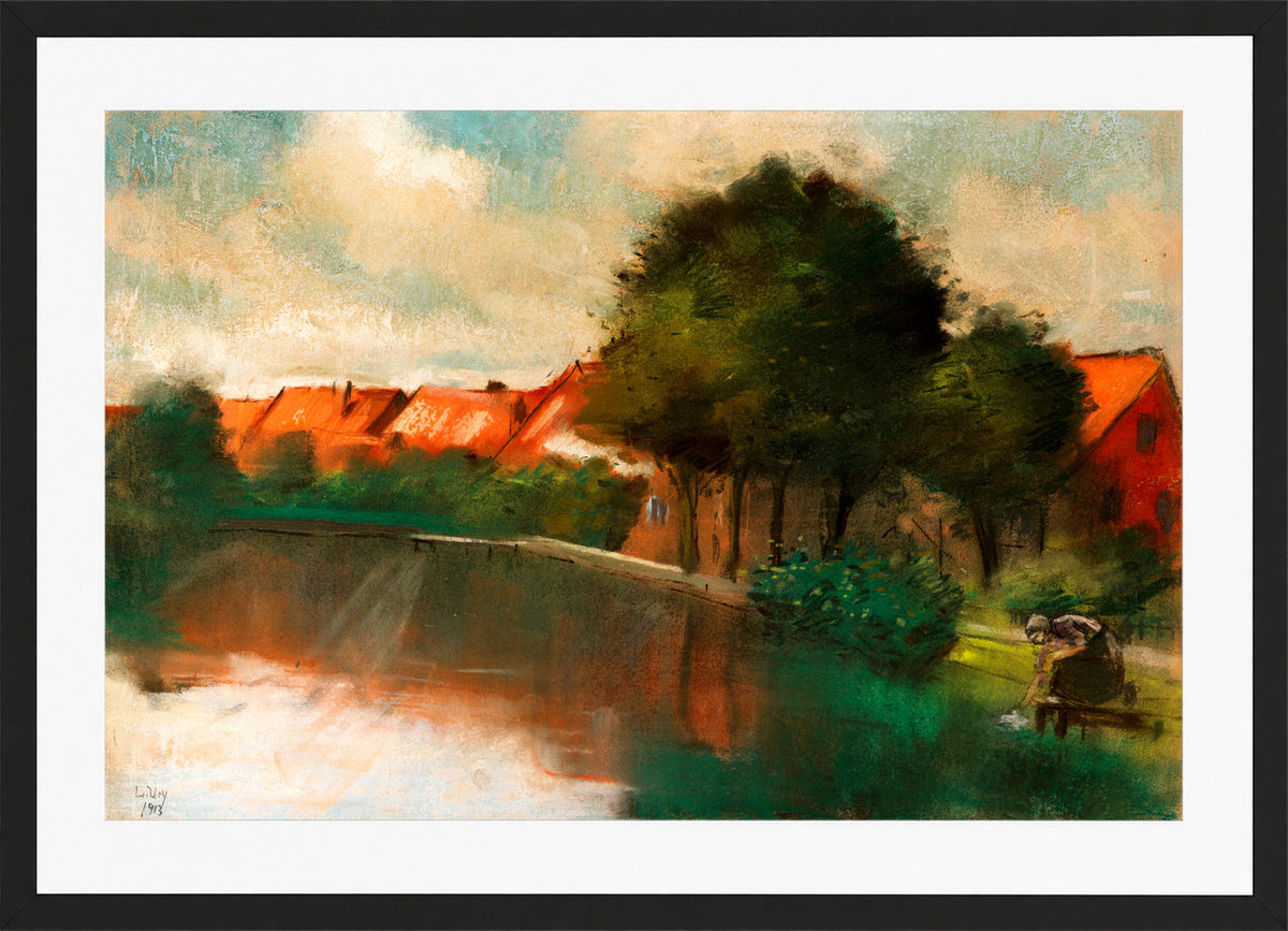 Dutch Village with a Woman Washing (1913) by Lesser Ury — black frame