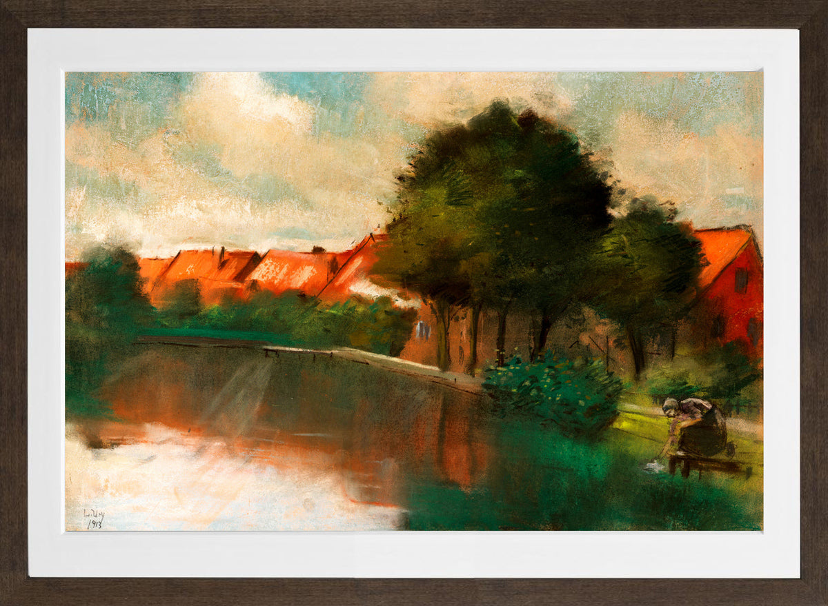 Dutch Village with a Woman Washing (1913) by Lesser Ury — brown frame